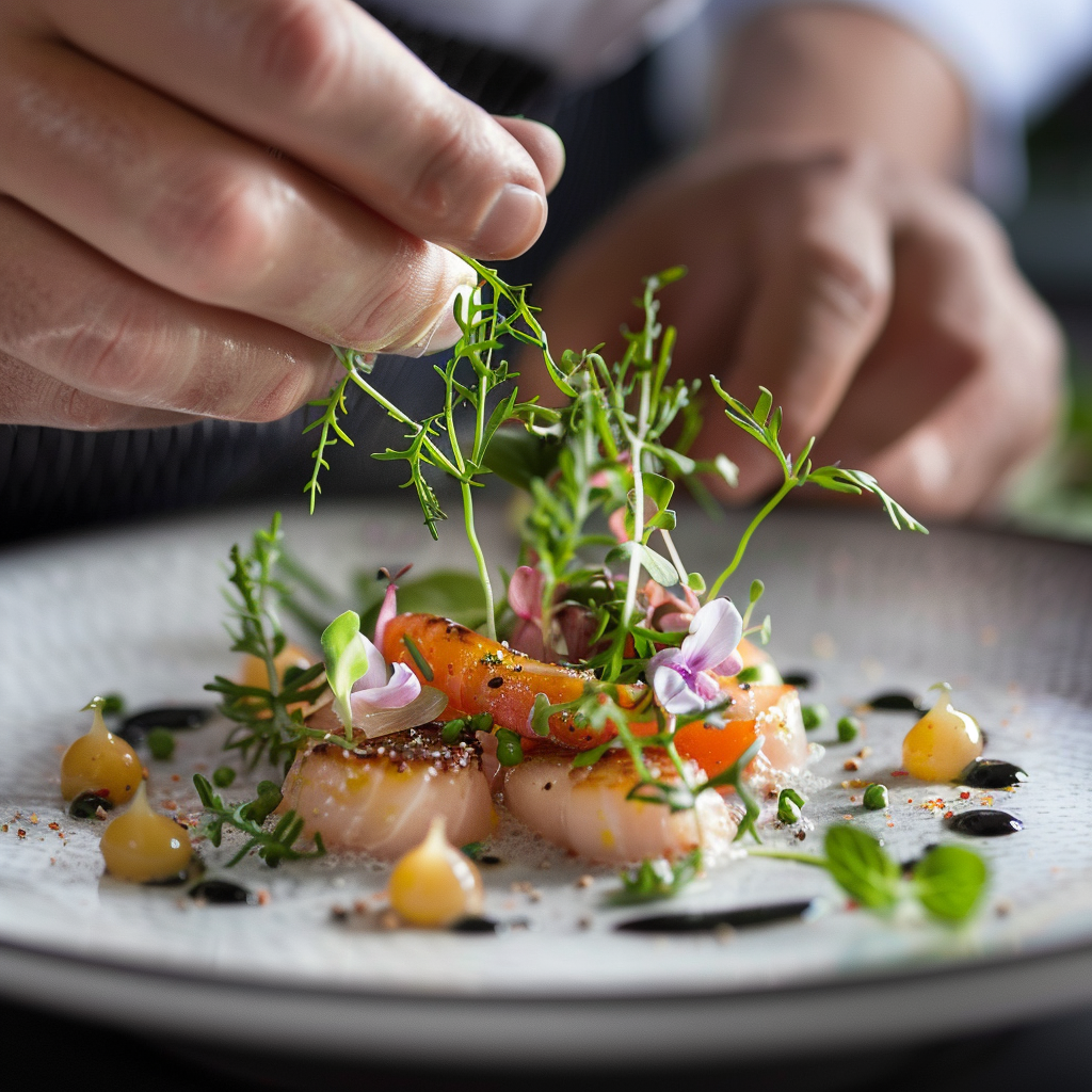 Koch richtet ein hochwertiges Bio-Gourmetgericht mit frischen Kräutern für nachhaltiges Catering an